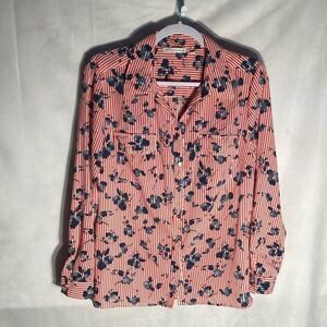 NOTATIONS white red striped blue floral long roll tab button up top M